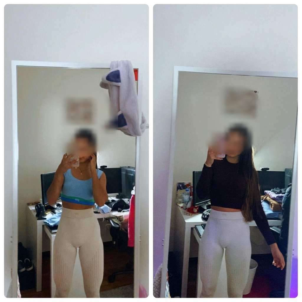Comparação real de evolução física feminina, com rostos desfocados