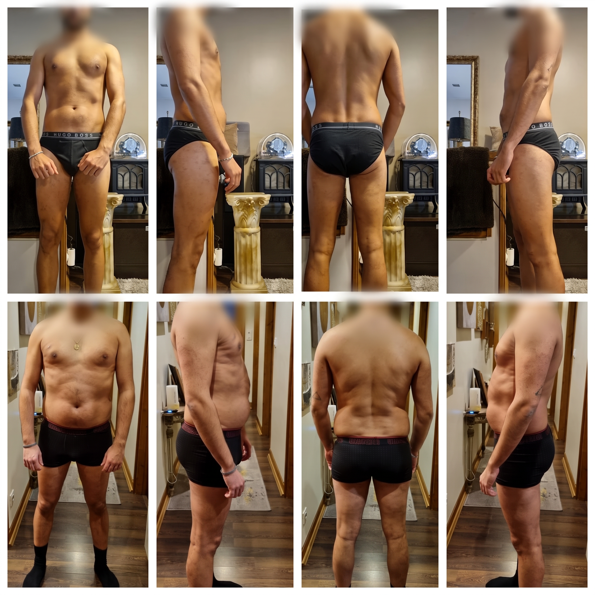Registo real de evolução física masculina em várias perspetivas, com rosto desfocado