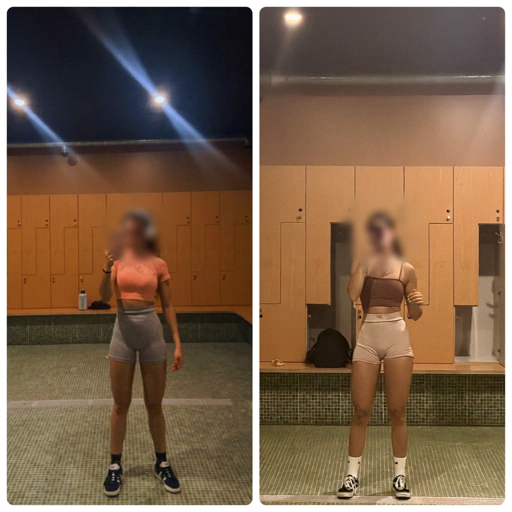 Comparação real de evolução física feminina no ginásio, com rostos fortemente desfocados