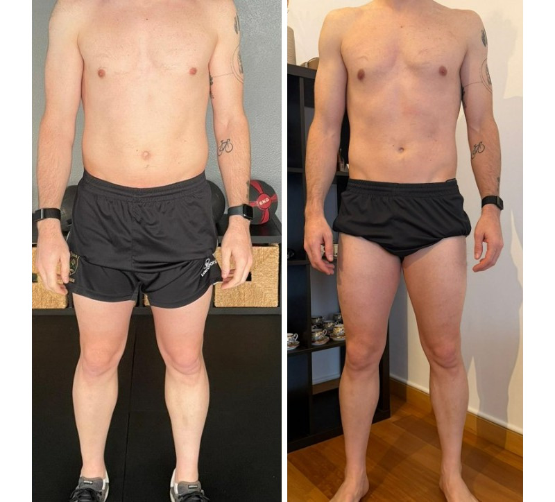 Comparação real de evolução física masculina de frente, com rostos fortemente desfocados